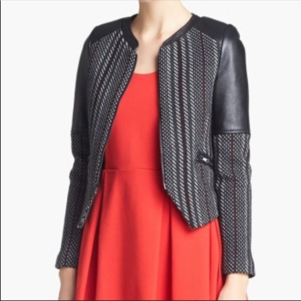 Parker |  Black and Red Tweed and Lambskin Leather Trim Jacket XS